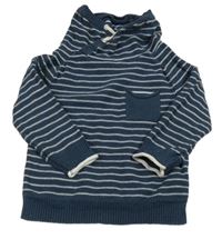 Tmavomodro-bílý pruhovaný svetr s límcem a kapsou Next