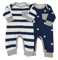 2x overal - tmavomodrý s hvězdami + bílo-tmavomodrý pruhovaný