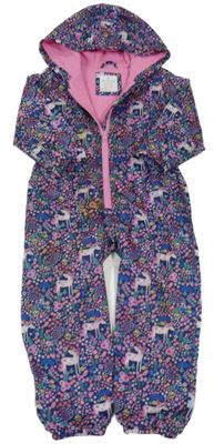 Tmavomodrá květovaná šusťáková lehce zateplená kombinéza s jednorožci a kapucí Matalan