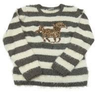 Hnědo-bílý pruhovaný chlupatý svetr s koněm z flitrů Yigga