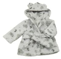 Bílo-šedý chlupatý župan s mraky a kapucí 