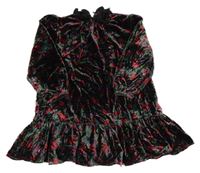 Zeleno-černo-červené květované sametové šaty dunnes