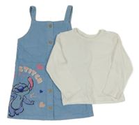 2 set - modré propínací manšestrové šaty se Stitchem + bílé triko Primark