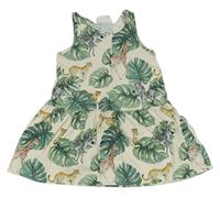 Béžové bavlněné šaty s listy a zvířaty zn. H&M