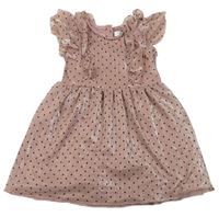 Starorůžovo-stříbrné puntíkaté žebrované šaty s volánky zn. PRIMARK