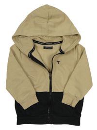 Béžovo-černá propínací mikina s ptáčkem a kapucí JEFF&CO