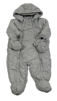 Šedá šusťáková zimní kombinéza s hvězdami a kapucí + rukavice C&A