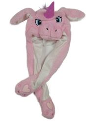 Růžová chlupatá čepice s rohem - jednorožec 