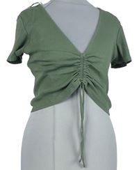 Dámské khaki žebrované crop tričko se stahováním Zara