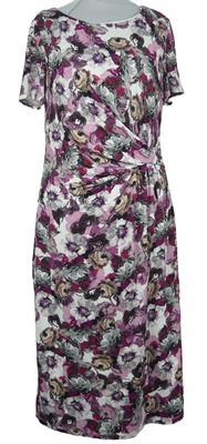 Dámské fuchsiovo-béžovo-bílé květované midi šaty s řasením Laura Ashley 