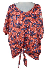 Nové - Dámské červeno-tmavomodro-bílé vzorované volné pletené tričko s uzlem George