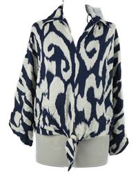 Dámská tmavomodro-bílá vzorovaná crop halenka s uzlem F&F