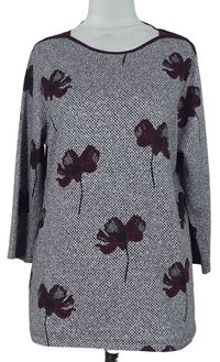 Dámský šedo-vínový vzorovaný lehký svetr s kytičkami 