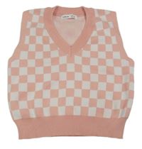 Růžovo-bílá kostkovaná pletená crop vesta Shein