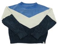 Modro-bílo-tmavomodrý žinylkový svetr 