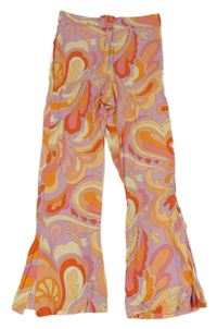 Růžovo-oranžovo-fialovo barevné vzorované lněné bootcut kalhoty Zara