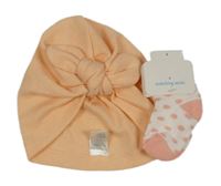 2 Set - Meruňková turbanová čepice s uzlem + bílé ponožky s puntíky 