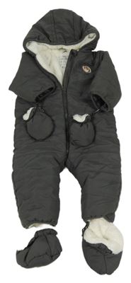 Tmavošedá šusťáková zimní kombinéza s liškou a kapucí + rukavice + capáčky Vertbaudet