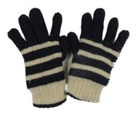 Tmavomodro-smetanové pruhované pletené zateplené rukavice 