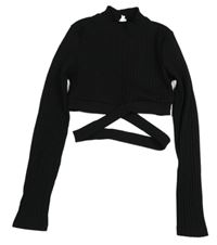 Černé žebrované crop triko s páskem Shein