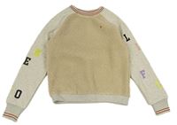 Béžovo-šedá huňato/tepláková mikina s písmeny na rukávech