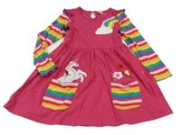 Tmavorůžové šaty s barevnými rukávy a duhou a jednorožcem