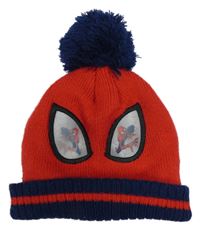 Červeno-tmavomodrá čepice s bambulí - Spidermanem