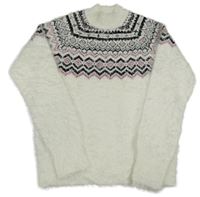 Bílo-černo-růžový vzorovaný chlupatý svetr C&A