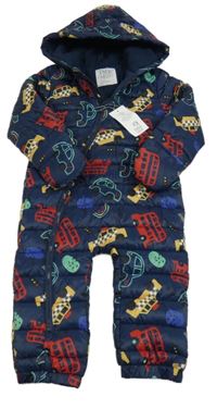 Nové - Tmavomodrá šusťáková zimní kombinéza s auty a kapucí F&F