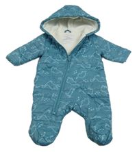 Modrá šusťáková prošívaná zimní kombinéza s dinosaury a kapucí Primark