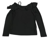 Černé žebrované triko s volánky Shein