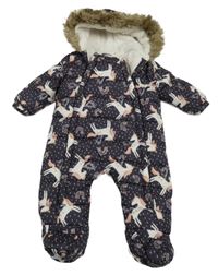 Šedá šusťáková prošívaná zimní kombinéza s jednorožci a kapucí F&F