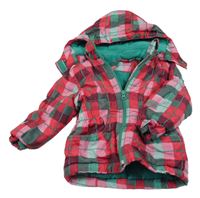 Růžovo-zelená kostkovaná šusťáková zimní parka s odepínací kapucí Lupilu 