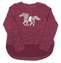 Vínový melírovaný lehký svetr s koníkem z flitrů Yigga 