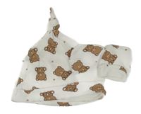 2set - Bílá bavlněná čepice s medvídky + rukavice Primark