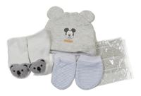 Nové - 3set - Šedá melírovaná čepice s Mickeym + pruhované rukavice + bílé ponožky s medvídkem