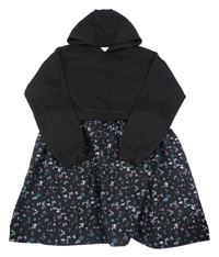Černé teplákovo/lehké šaty s kytičkami a kapucí Primark