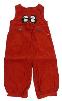 Červené manšestrové laclové kalhoty s tučňáčky GYMBOREE.