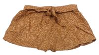 Hnědo-pudrové vzorované sukňové kraťasy se zavazováním