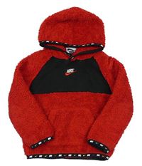 Červeno-černá huňato/tepláková mikina s logem a kapsou a kapucí Nike