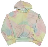 Barevná batikovaná oversize crop mikina s kapsou a kapucí SHEIN