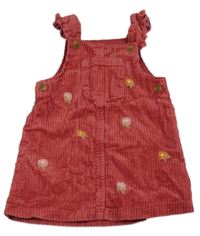 Jahodové manšestrové šaty s květy a kapsou a volánky Nutmeg