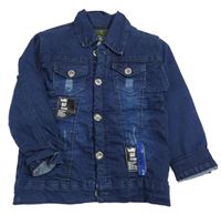 Tmavomodrá tepláková riflová zateplená bunda s nášivkami 