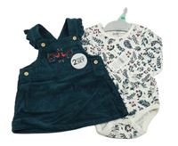 Nové - 2Set - Smaragdové manšestrové šaty s ptáčky a volánky + bílé body s větvičkami so cute