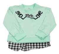 Mátová mikina s nápisem a mašlí a všitou černo/bílou kostkovanou halenkou