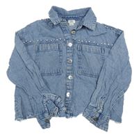 Modrá plísňová riflová crop bunda s kamínky a límečkem RIVER ISLAND