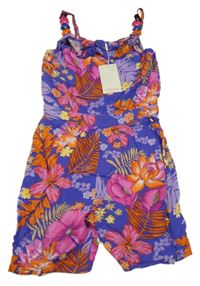 Nové - tmavofialový letní overal s květy a lístečky a volánky Monsoon