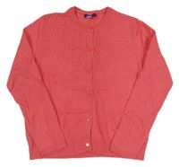 Jahodový melírovaný propínací svetr s perforovaným vzorem OKaïdi