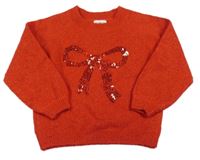 Červený melírovaný svetr s mašlí z flitrů a třpytkami F&F