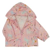 Světlerůžová šusťáková bunda s jednorožci a duhami a kapucí